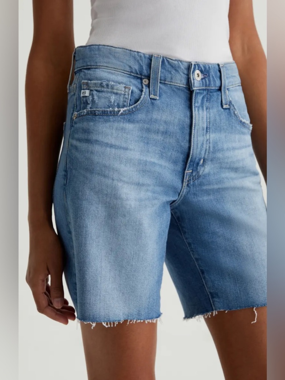AG • NWT $280 Ex-Boyfriend Distressed Raw Hem Mid Length Denim ShortsW15”-16
